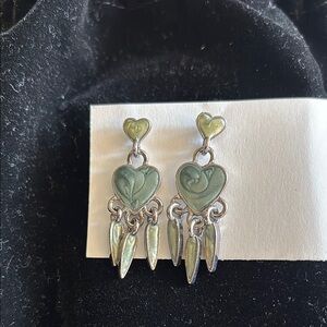 Heart Dangle Earrings in Green and Silver